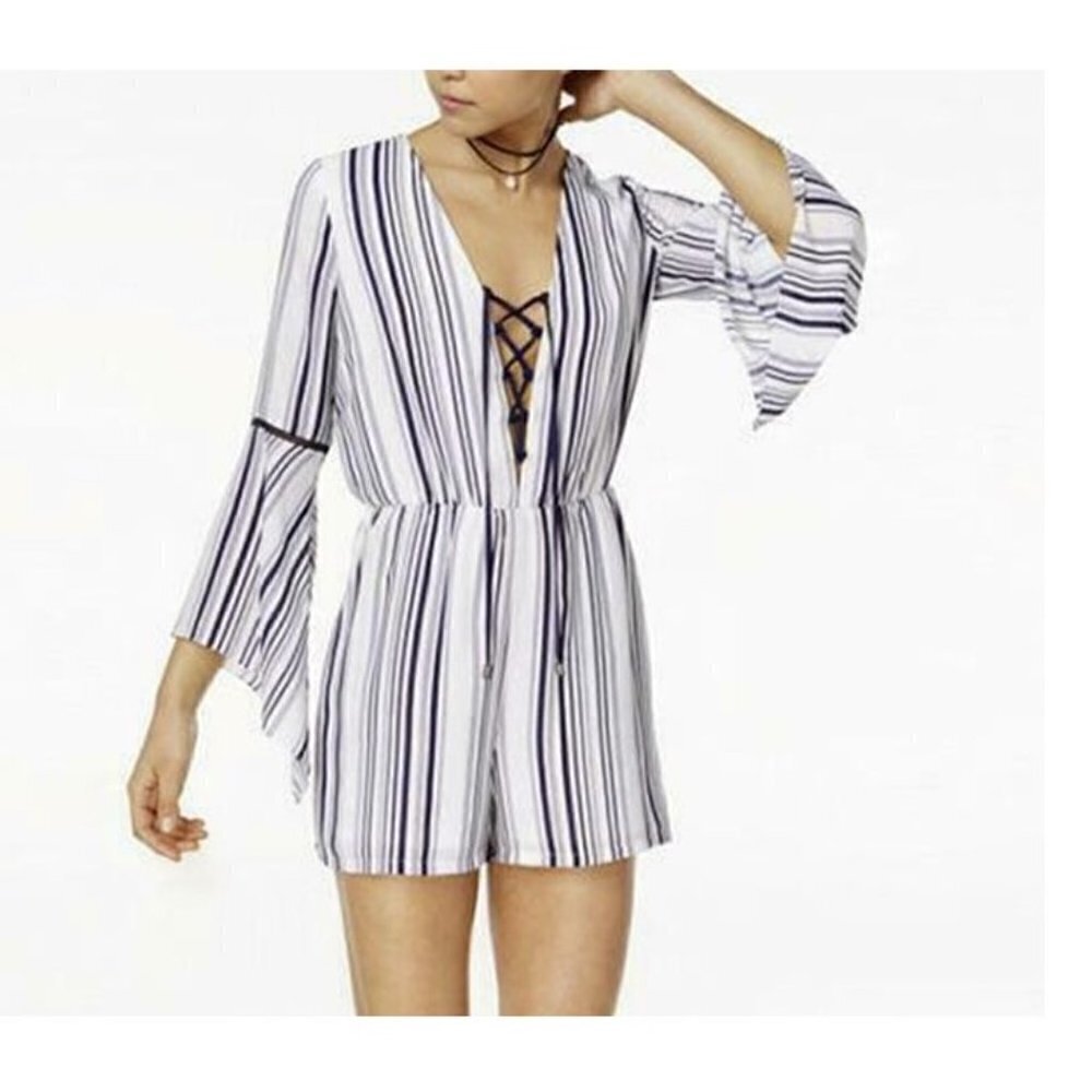 💥324 XOXO Bell Sleeve Lace Up Stripe Navy Blue And White Romper